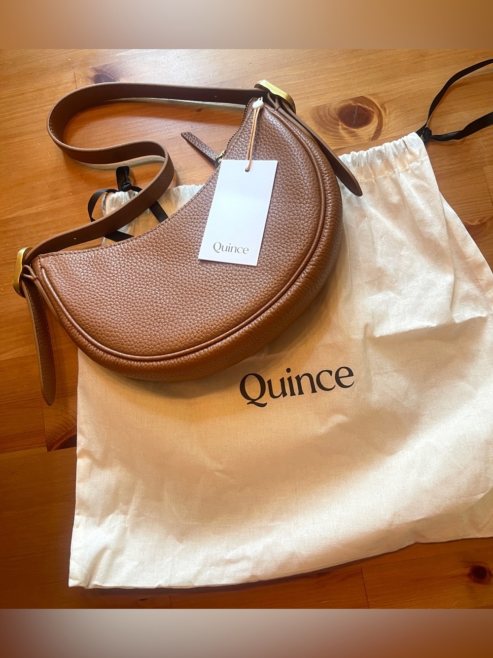 Quince Italian Leather Mini Crescent Shoulder Bag Brown Cognac Dustbag NWT - Picture 6 of 14